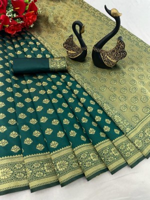 Sarvada Embellished, Woven, Self Design Kanjivaram Jacquard, Silk Blend Saree(Green)