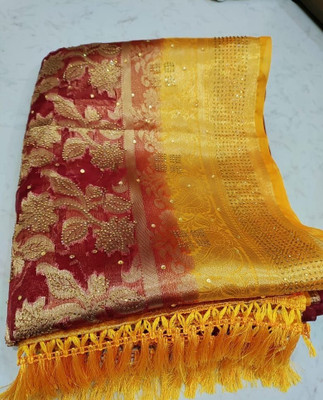 AlroshFabrics Floral Print Banarasi Organza Saree(Maroon)