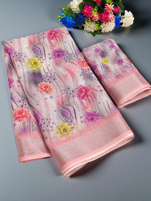 Myraani Floral Print Daily Wear Cotton Linen Saree(Orange)