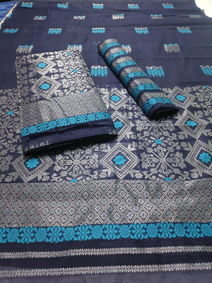 S P CREATION Woven Mekhela Chador Cotton Blend Saree(Blue)