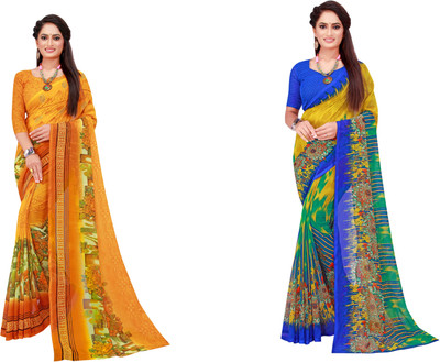 Saadhvi Printed Daily Wear Georgette Saree(Pack of 2, Dark Blue)
