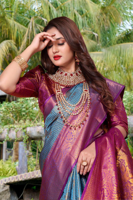 jayant creation Self Design, Woven Banarasi Silk Blend, Jacquard Saree(Light Blue, Pink)