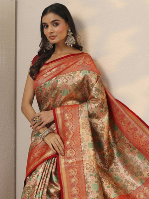 LIBAS Woven Daily Wear Silk Blend Saree(Cream)