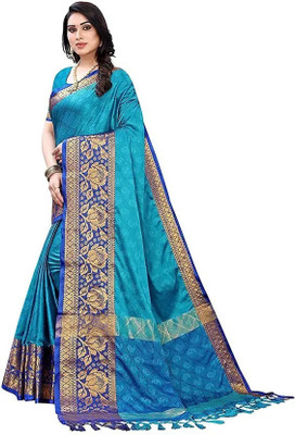 NESHVI ENTERPRISE Woven Banarasi Cotton Silk Saree(Light Blue)