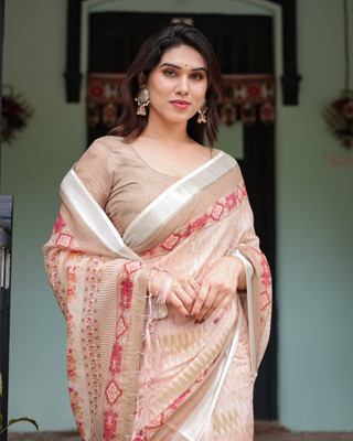ALMAARI FASHION Solid/Plain Bhagalpuri Cotton Linen Saree(Beige)