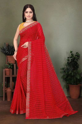 HouseOfCommon Printed Bandhani Georgette Saree(Red)