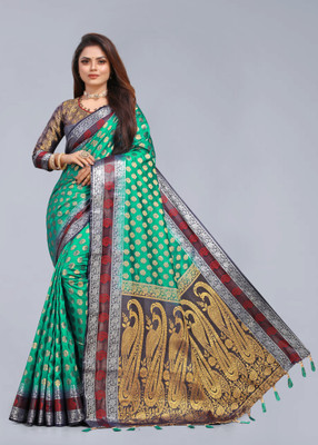 FINE WEAR Woven Banarasi Cotton Silk Saree(Multicolor)