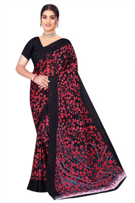 INDONIQ Floral Print, Printed Daily Wear Chiffon, Georgette Saree(Black)