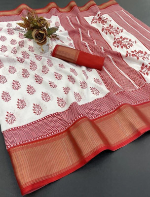 hitesh pahuja Printed Kalamkari Cotton Silk Saree(White, Red)