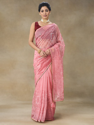 FABMORA Embroidered Bollywood Net Saree(Pink)