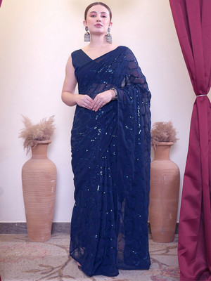 Clemira Embellished Bollywood Georgette Saree(Blue)