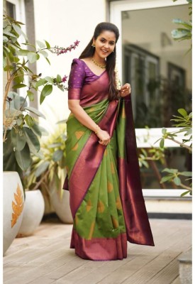 Priyashi Woven, Printed, Self Design Banarasi Cotton Silk, Jacquard Saree(Dark Green)