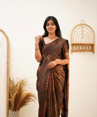Shoponbit Striped Banarasi Pure Silk Saree(Brown)