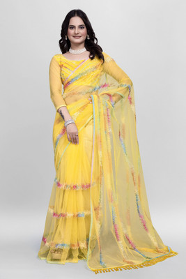 KV Fashion Embroidered Bollywood Net Saree(Yellow)