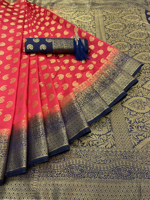 GajGajra Printed Arani Pattu Cotton Silk Saree(Red, Dark Blue)