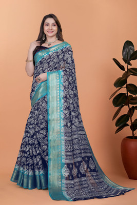 RASIFASHION Printed Chanderi Cotton Blend Saree(Dark Blue)