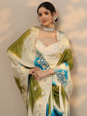 LIBAS Embellished Daily Wear Silk Blend Saree(Beige)