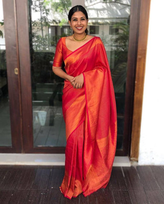 Anjaneya Sarees Woven Banarasi Silk Blend Saree(Red)