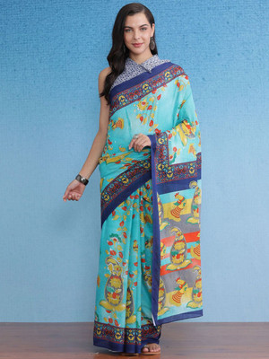 Anouk Rustic Printed Daily Wear Cotton Blend Saree(Blue)