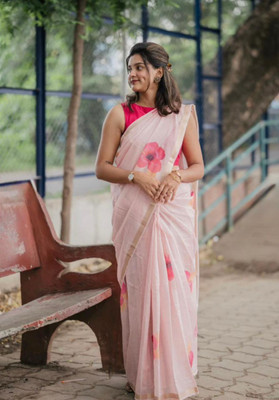 VASTRAAKALA Floral Print, Printed Daily Wear Cotton Linen Saree(Cream)
