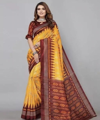 Grubstaker Printed Daily Wear Cotton Blend Saree(Yellow)