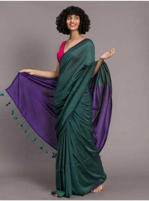 Binay textile Solid/Plain Handloom Cotton Silk Saree(Light Blue)