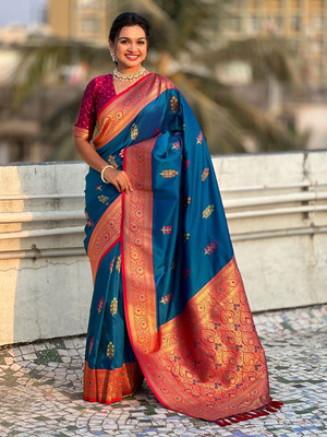 all about you Woven Daily Wear Silk Blend Saree(Blue)