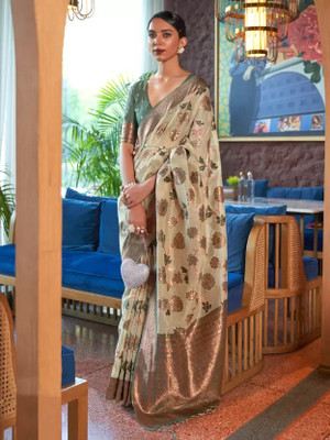 Navanari Embellished, Printed, Self Design, Woven, Blocked Printed Daily Wear Organza, Jacquard Saree(Dark Green)