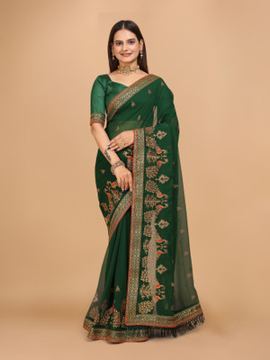 NAKSH CREATION Embroidered Bollywood Georgette Saree(Green)