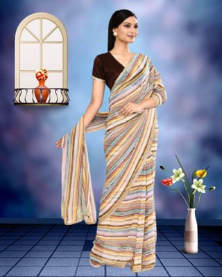 Jayu Digital Print, Embroidered, Printed, Striped Bollywood Georgette Saree(Brown)