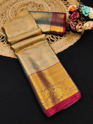 VILLAGIUS Checkered Kanjivaram Pure Silk Saree(Light Blue)