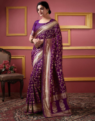 Anmi Woven Kanjivaram Jacquard, Silk Blend Saree(Purple, Gold)