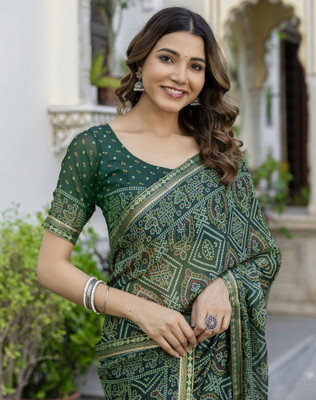 SIRIL Printed Bandhani Chiffon, Georgette Saree(Dark Green)