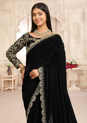 hutah Embroidered, Solid/Plain Bollywood Art Silk, Velvet Saree(Black)