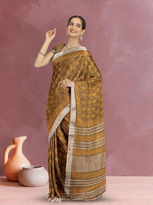 Avishya Blocked Printed Handloom Handloom Linen Saree(Brown)