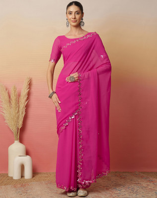 SIRIL Embellished, Solid/Plain Bollywood Georgette Saree(Pink)