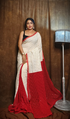 Bholenath textile Woven Lucknow Chikankari Cotton Silk Saree(Red, White)