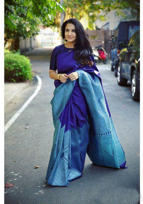 FAB WOVEN Woven Banarasi Art Silk Saree(Blue, Light Blue)