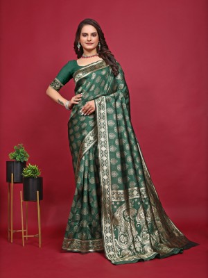 Homigoz Woven Banarasi Art Silk Saree(Dark Green)