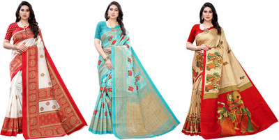 YASHIKA Printed, Woven Kanjivaram Art Silk Saree(Pack of 3, Red, Blue, Beige)
