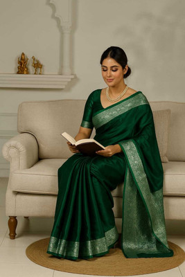 Afronza Woven, Self Design, Solid/Plain, Dyed Banarasi Satin, Silk Blend Saree(Green)