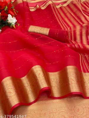 Banaras silk palace Striped Banarasi Organza Saree(Red)