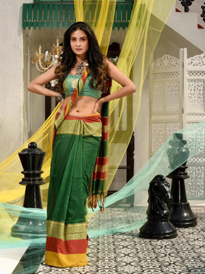 Lakshmi Boutique Self Design Handloom Cotton Blend Saree(Black, Maroon, Light Green)
