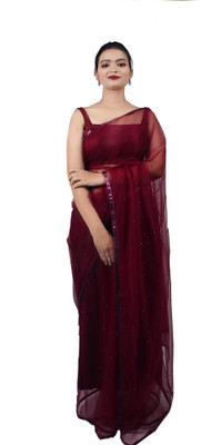 WL BY SHREYA RAJPUT Embellished, Solid/Plain, Self Design Bollywood Net Saree(Maroon)