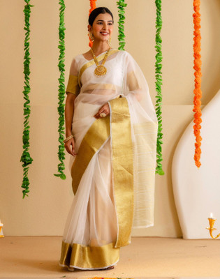 Satrani Woven Kasavu Chiffon Saree(White)