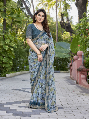 NIRMOHIFASHION Floral Print Bollywood Georgette Saree(Light Blue, Dark Blue)