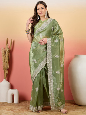 Sangria Embroidered Saree with Attached Blouse Silk Blend Saree(Green)