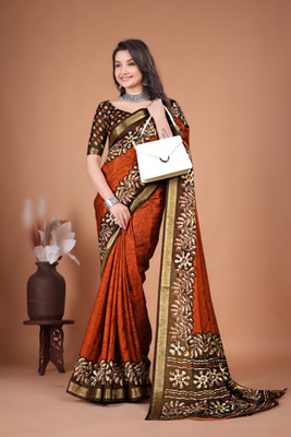 HouseOfCommon Floral Print Banarasi Cotton Silk Saree(Orange)