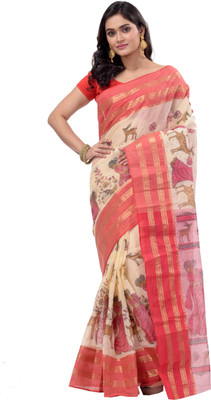 PuJoy Woven Tant Pure Cotton Saree(White)