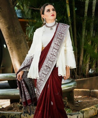 kriyafashion Printed Bollywood Silk Blend Saree(Maroon, Silver)